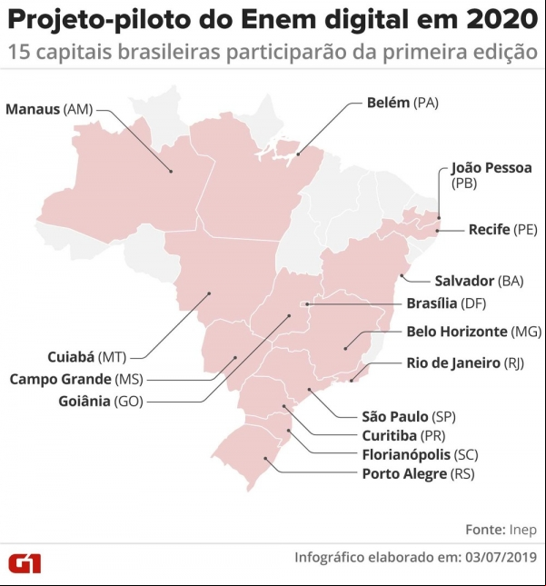 Mapa mostra as 15 capitais brasileiras que participaração da primeira edição do Enem digital, em 2020, em projeto-piloto
